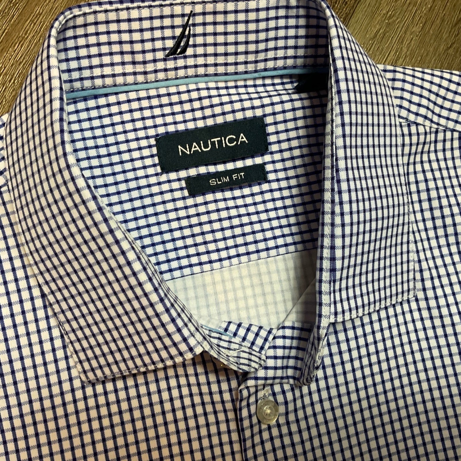 Nautica Slim Fit Navtech Gingham Short Sleeve Shirt Mens Large Blue White Preppy
