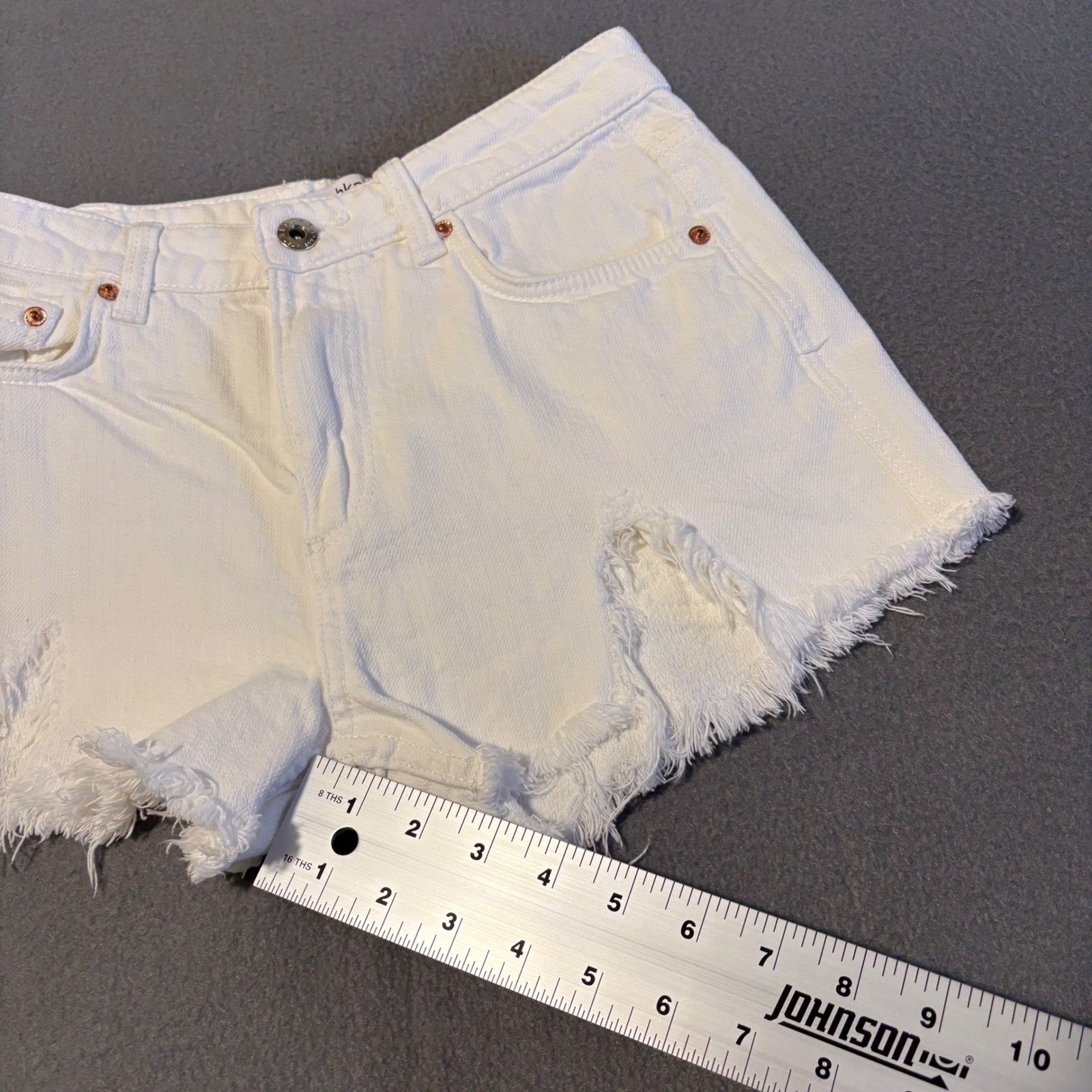 Bershka Denim Shorts Womens 00 White Distressed Frayed Raw Hem Medium Rise