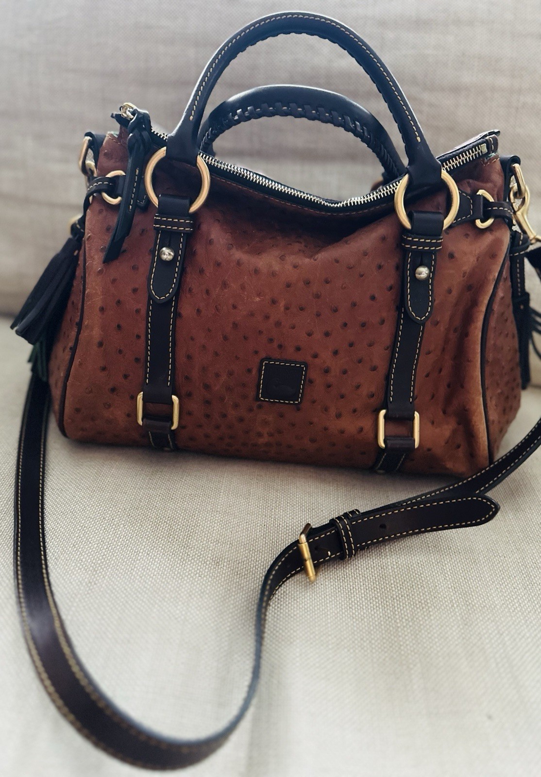 Dooney & Bourke Y2K Brown Ostrich Pebbled Satchel Top Handle and Shoulder Strap