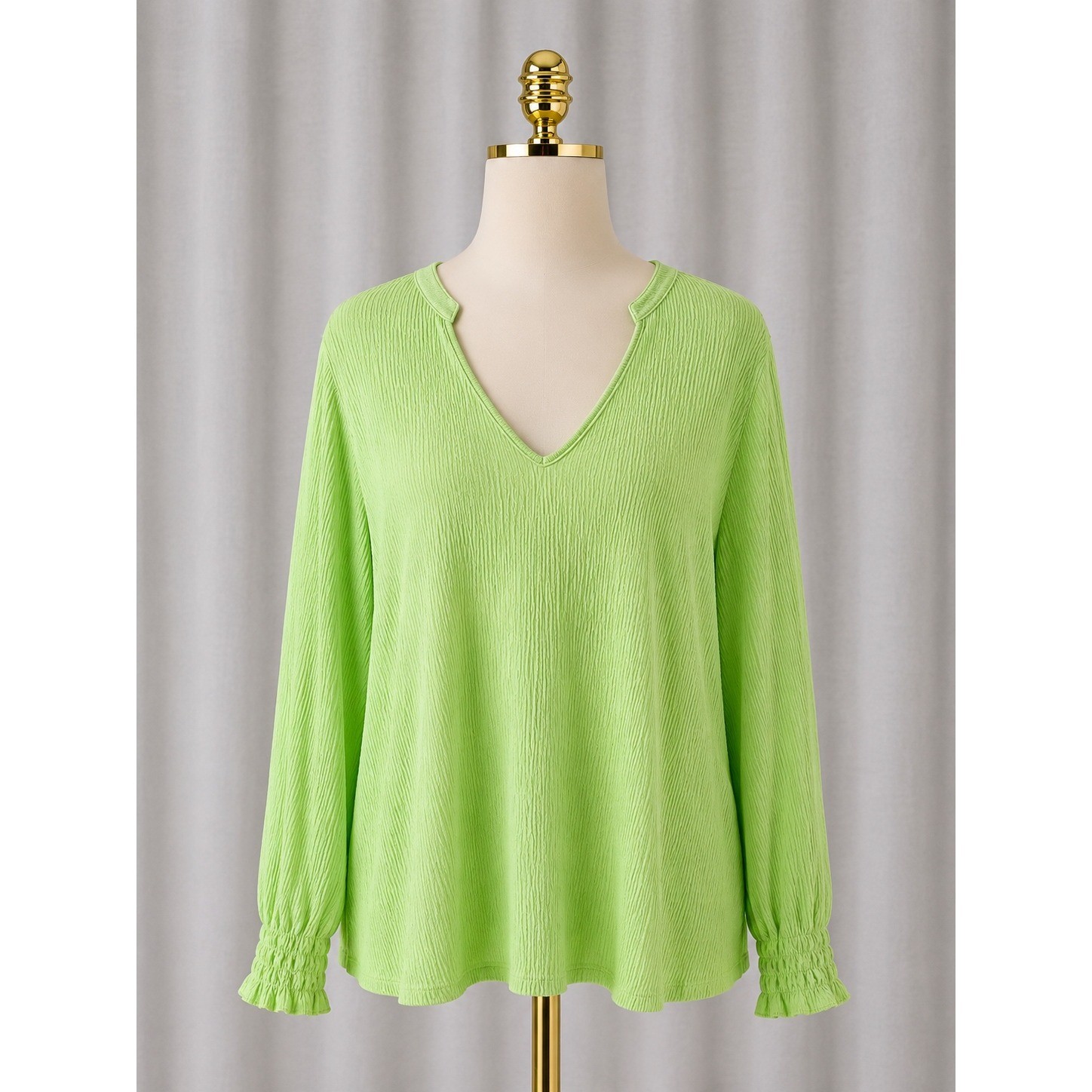 Belle Kim Gravel Packabelle Peasant Top Green Split V-Neck Smocked Size Small