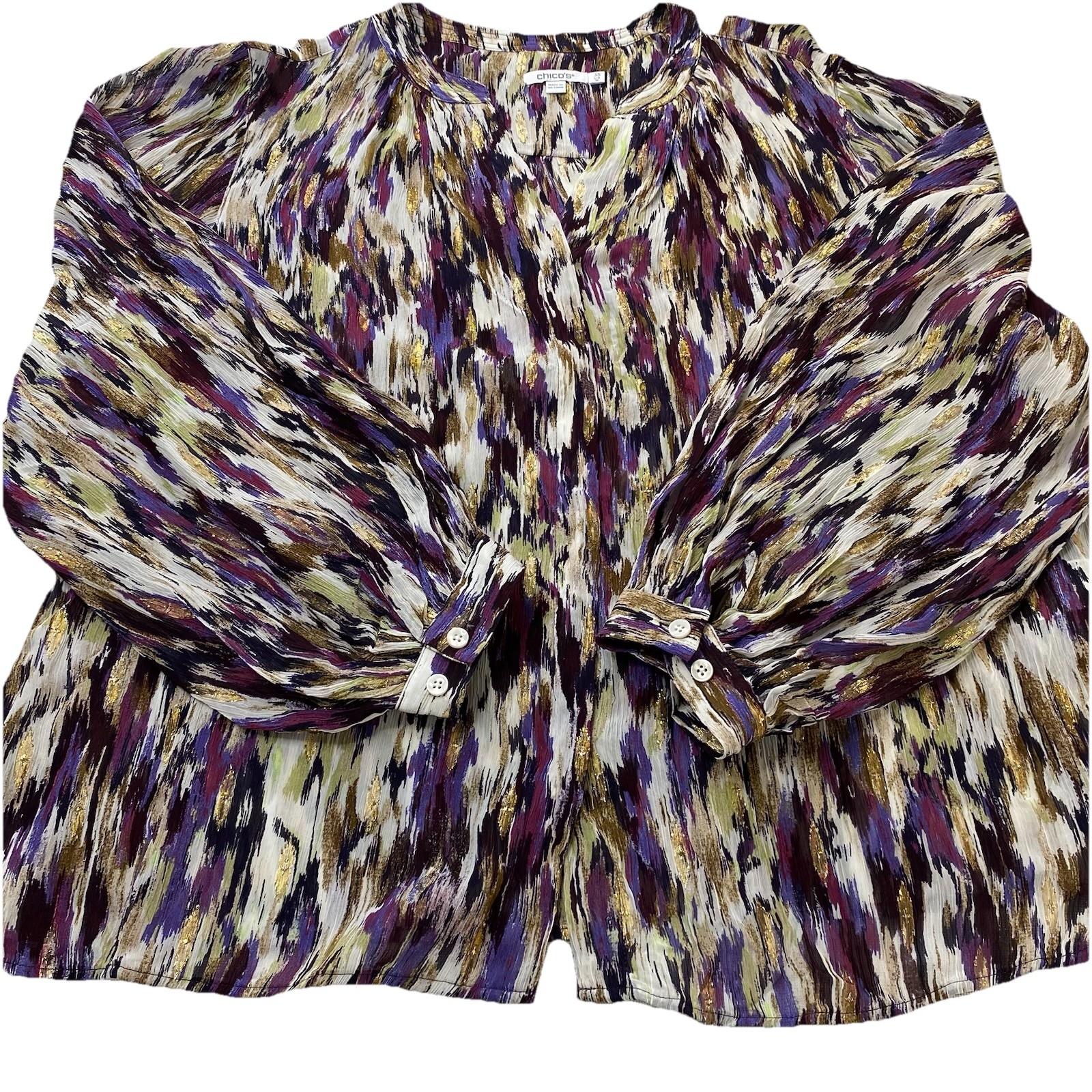 Chicos Purple Metallic Button Up Shirt Crinkled Semi-sheer Lightweight Sz 3.5/18
