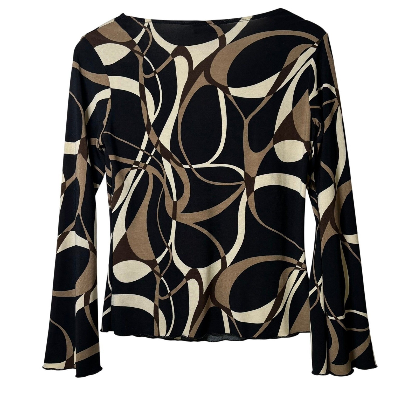 RAG Abstract Swirl Cowl Neck Top Womens Medium Black Tan Flared Sleeve