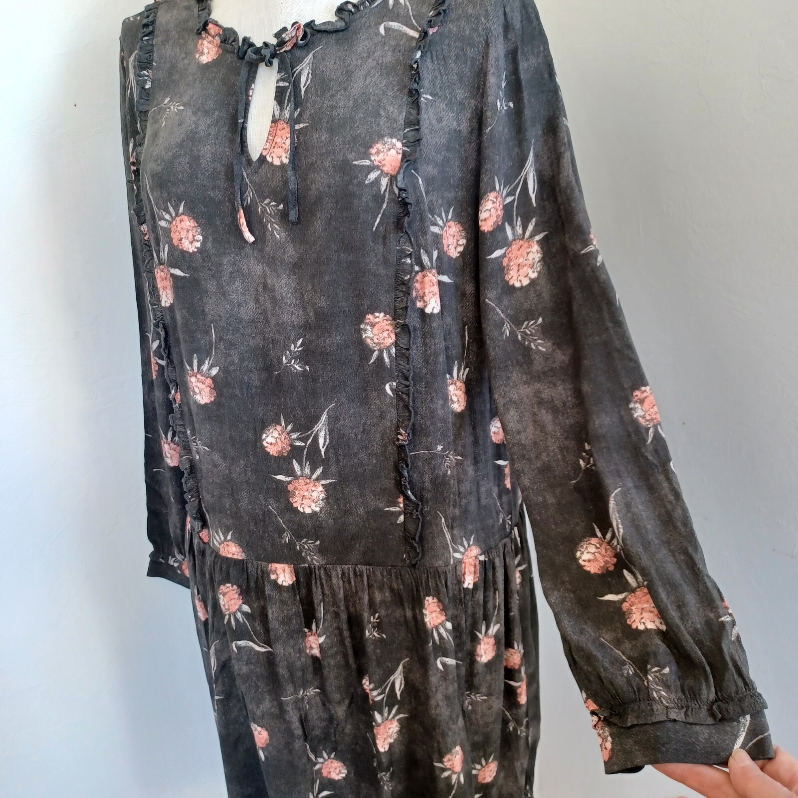 Caslon Dress Womens Med Brown Pink Floral Long Sleeve Drop Waist Tie Neckline