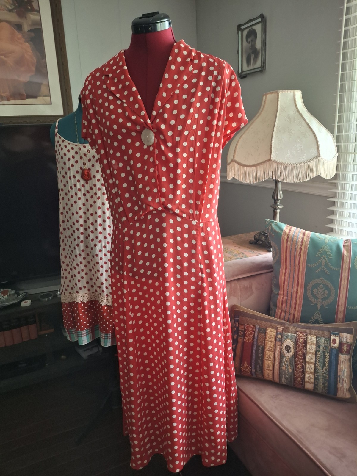 Vintage April Cornell 40s Style Red White Polkadot Dress Fit &Flare XL