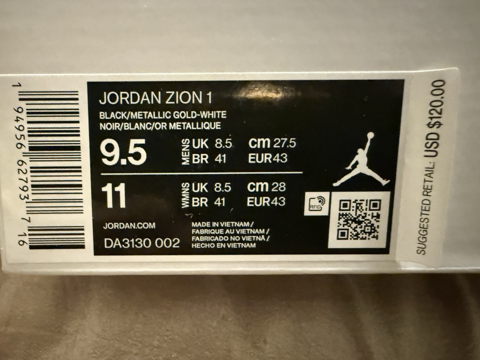 JORDAN ZION 1 I WHITE BLACK METALLIC GOLD DA3130 002 Men’s SZ 9.5 NEW W Box
