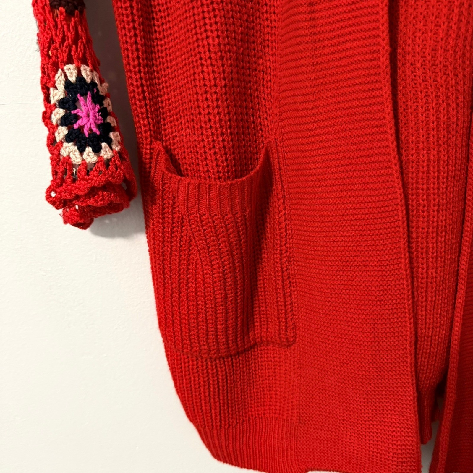 Blakeley Red Crochet Granny Square Sleeve Open Front Cardigan Sweater OS Womens