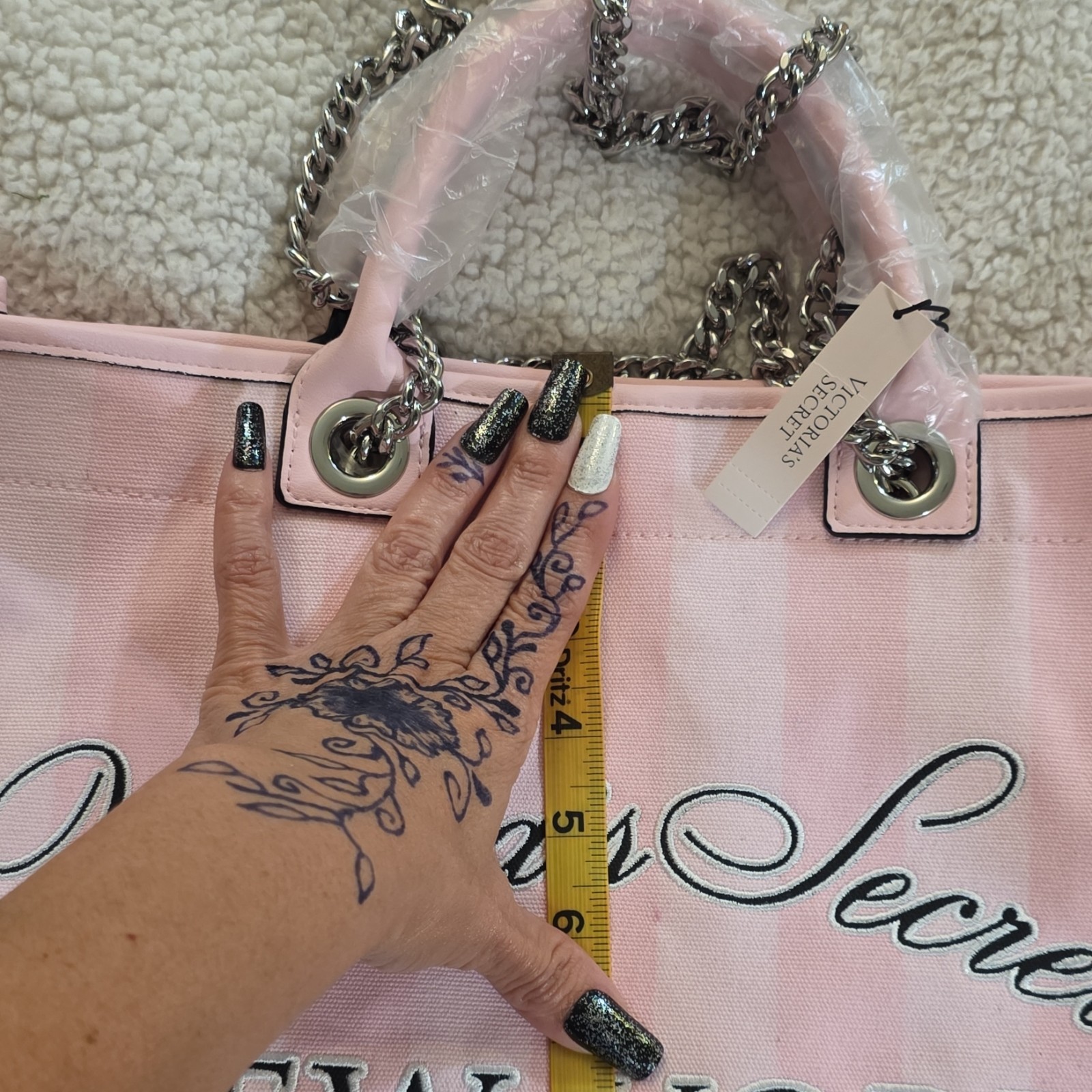 Victoria’s Secret New York Pink Striped Large Tote Bag, Chain Straps, Charm