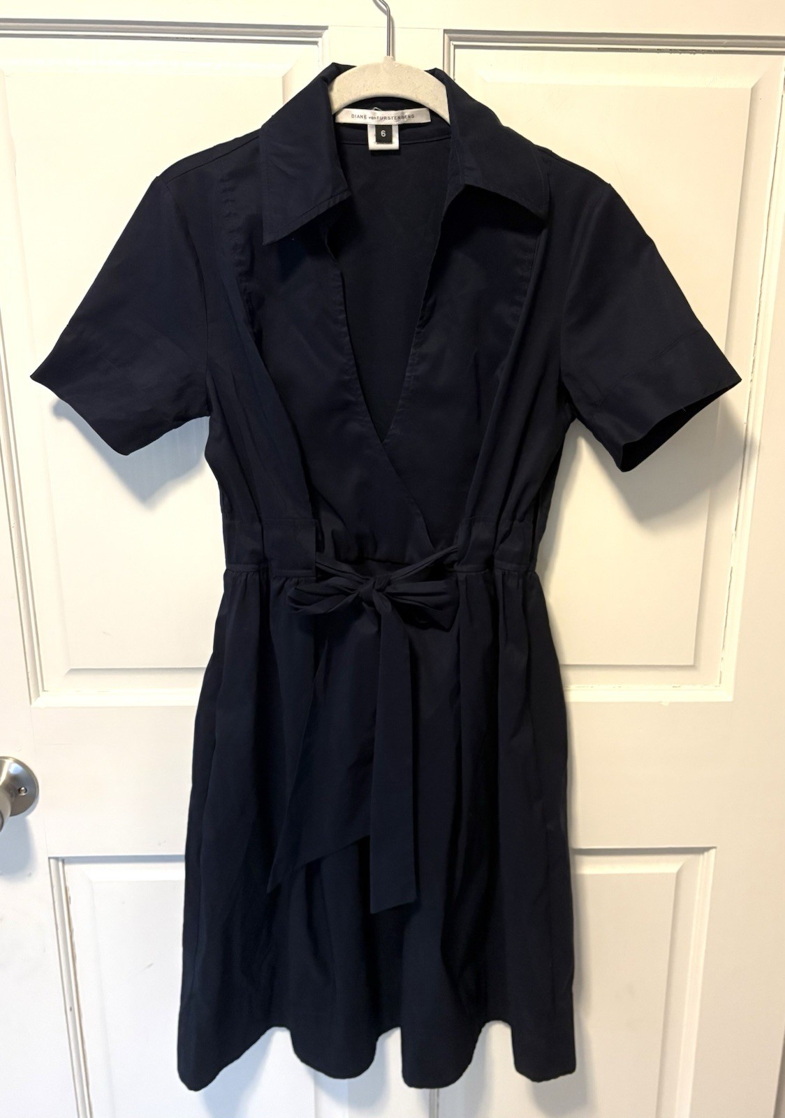 Diane Von Furstenberg Navy Classic Shirt Tie Poplin Collared Dress 6 S Small