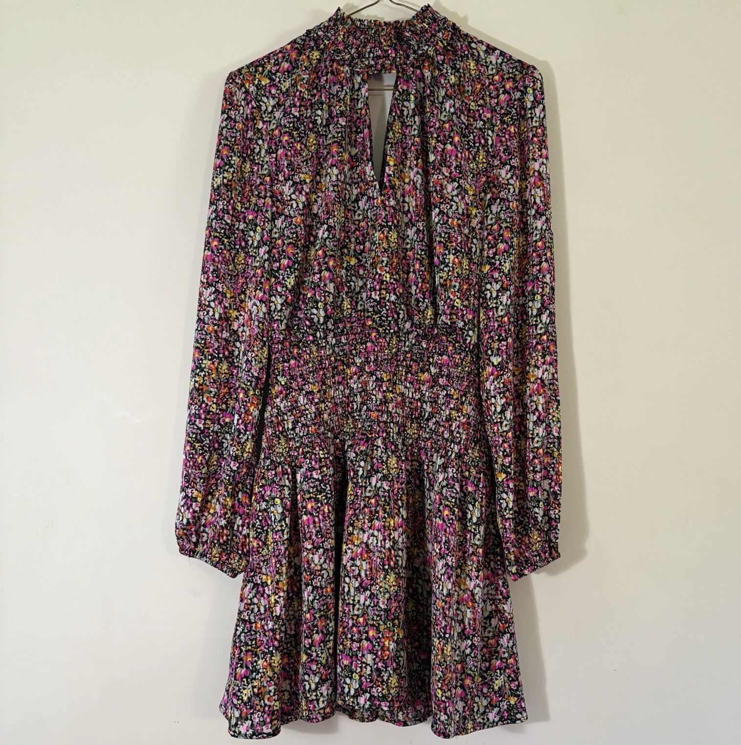 Steve Madden Women’s S Floral V-Neck Smocked Mini Dress Balloon Long Sleeve