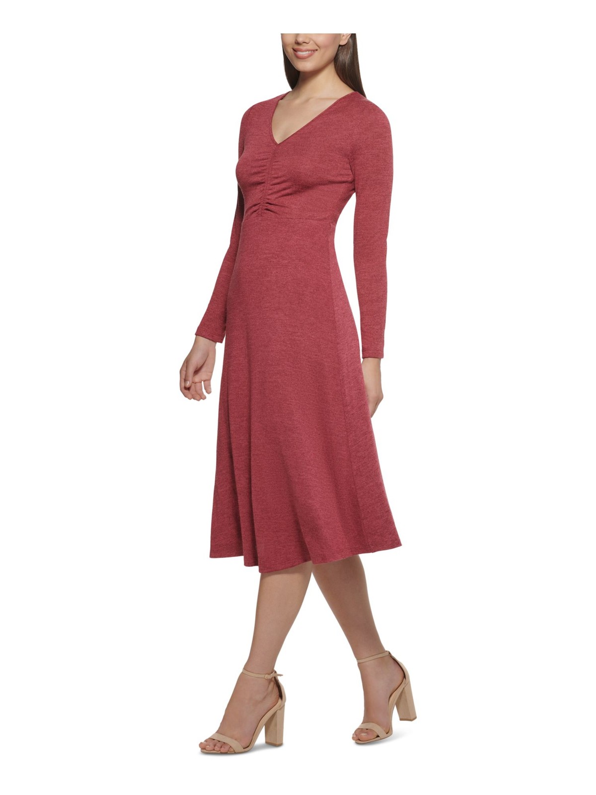 KENSIE DRESSES Womens Maroon Long Sleeve Midi Wear To Work Fit + Flare Dress XXL