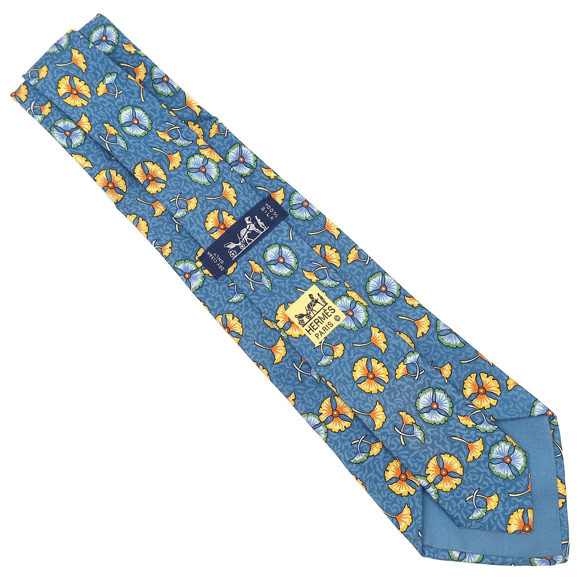 Hermes Necktie Plant Pattern 9Cm Silk Multicolor Blue Ginkgo Flower Leaf