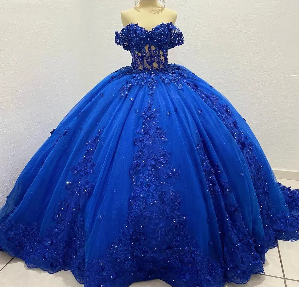 Royal Blue 3D Flowers Beading Quinceanera Dresses Off Shoulder Party Ball Gowns