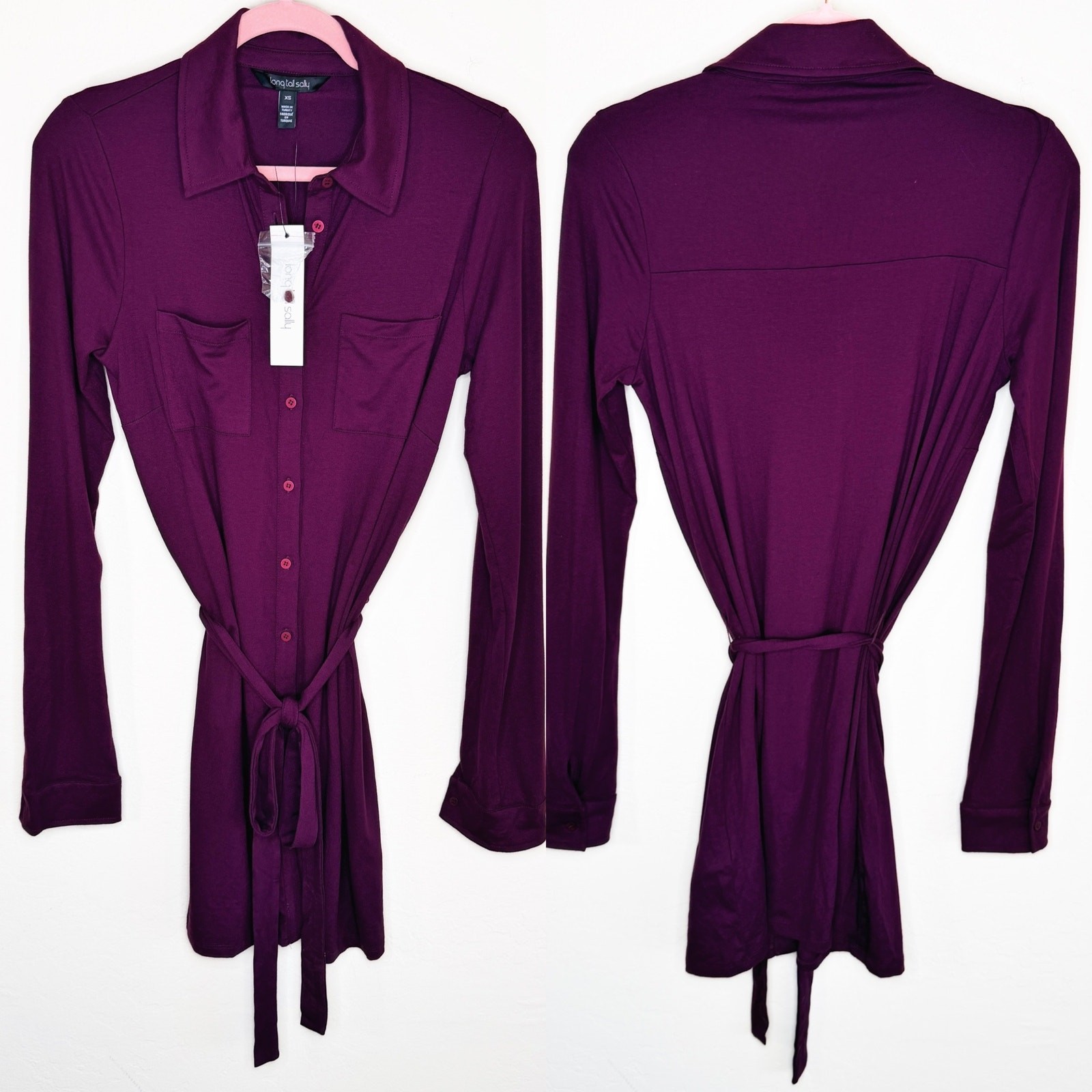 NWT Long Tall Sally Button Down Purple Belted Tie Waist T Shirt Tunic Mini Dress