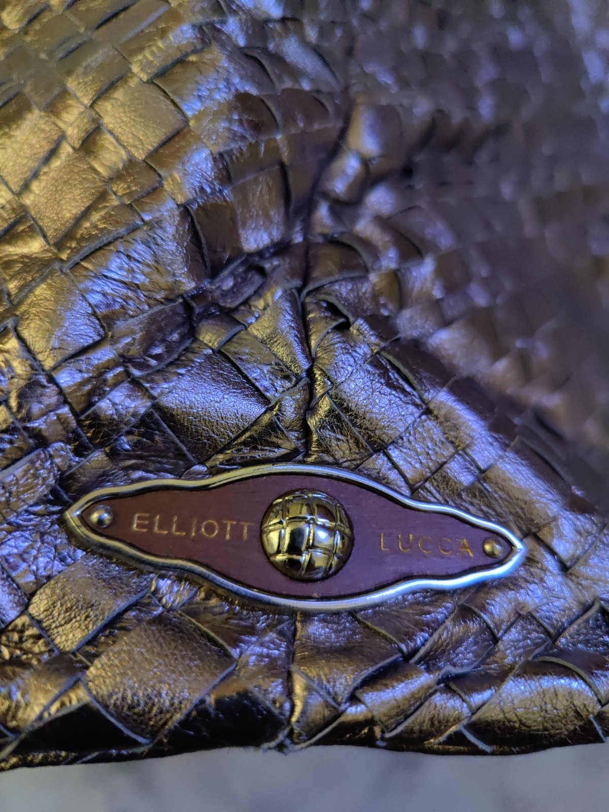Elliott Lucca Metallic Leather Woven Handbag Tote Purse Champagne Gold Logo LG