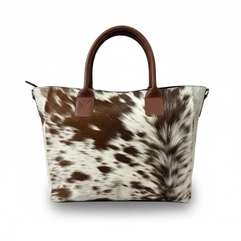 Genuine Cowhide Leather Tote Bag Brown White Hair On Hide Shoulder Handbag