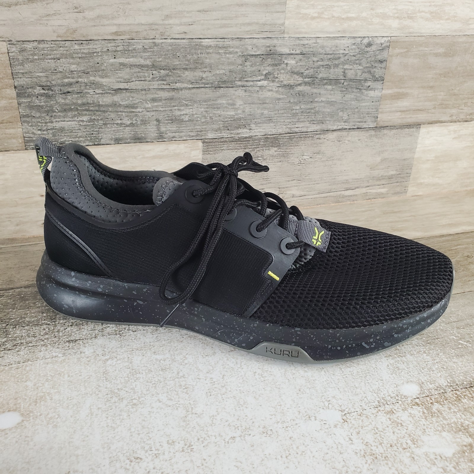 KURU Atom Mens Shoes Sz 9.5 M Running Jet Black Citron Mesh Lace Up Sneakers