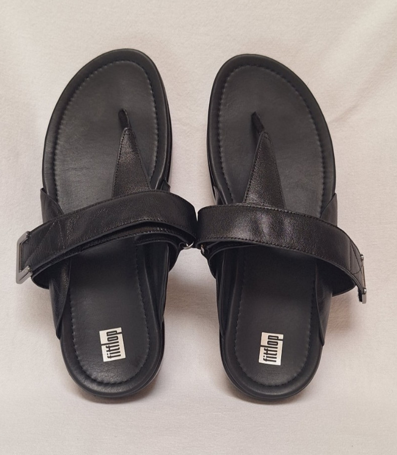 FitFlop Lulu ED9-090 Black Leather Adjustable Toe-Post Sandals US 10 EU 42