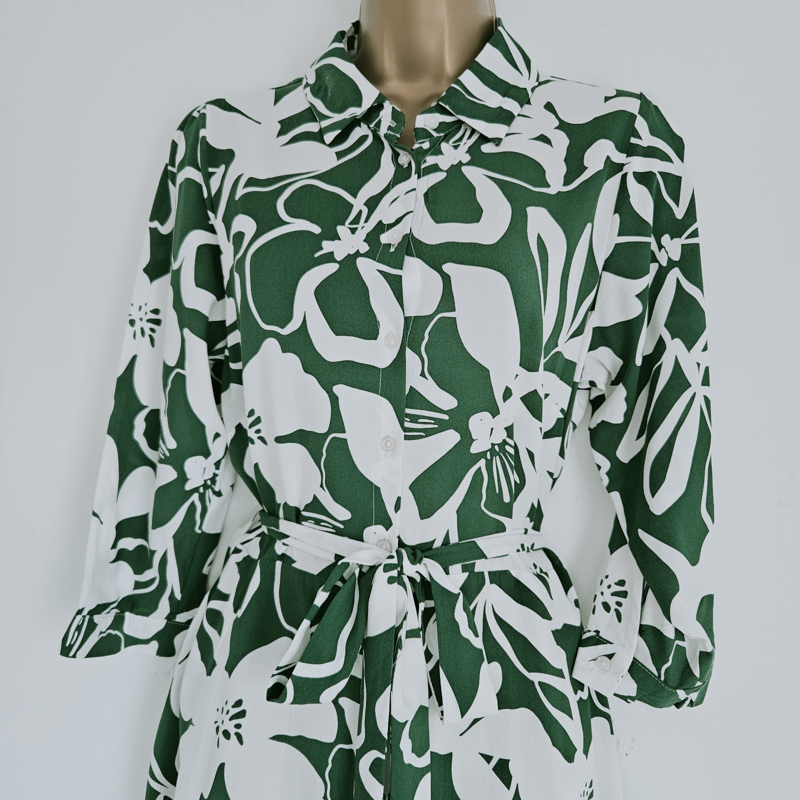 NEW Ex Roman 10-22 Collared Green White Floral Printed Belted Tea Shirt Dress