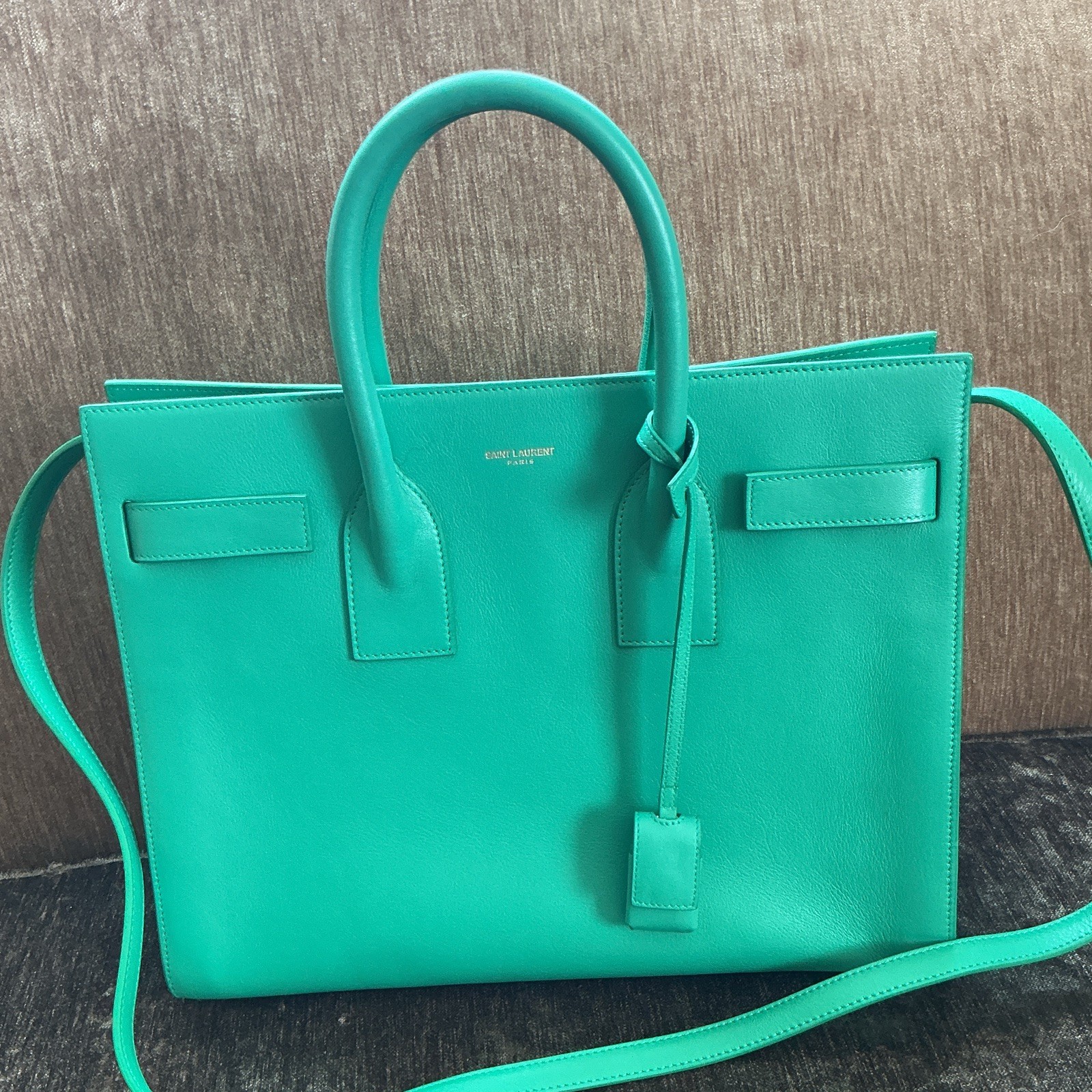 Saint Laurent Green Satchel Top Handle Zip Bag w/ Detachable Strap, Lock & Key