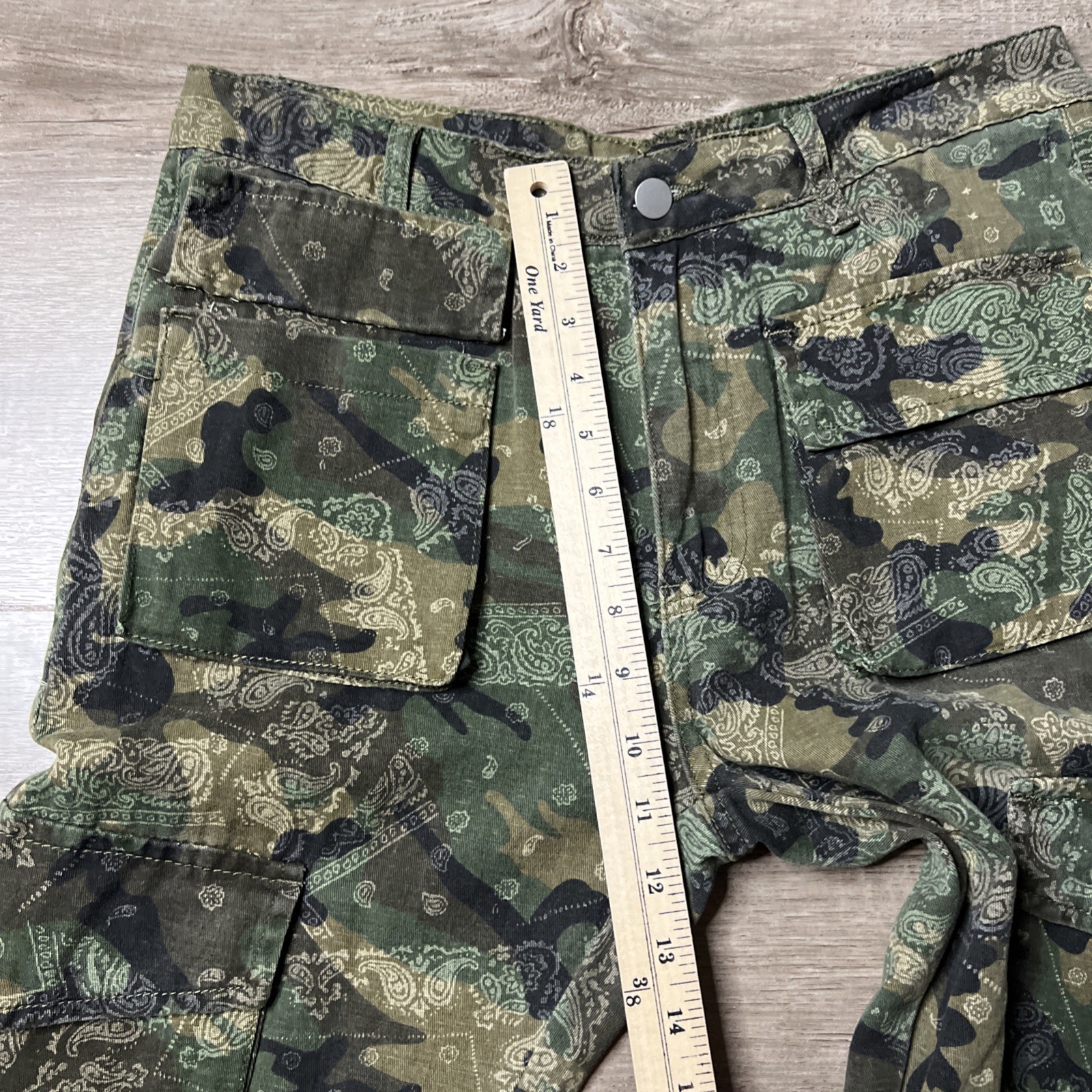 BoohooMan Stacked Pants Mens 32 Camo Bandana Print Cargo Pocket Flare Leg NWT