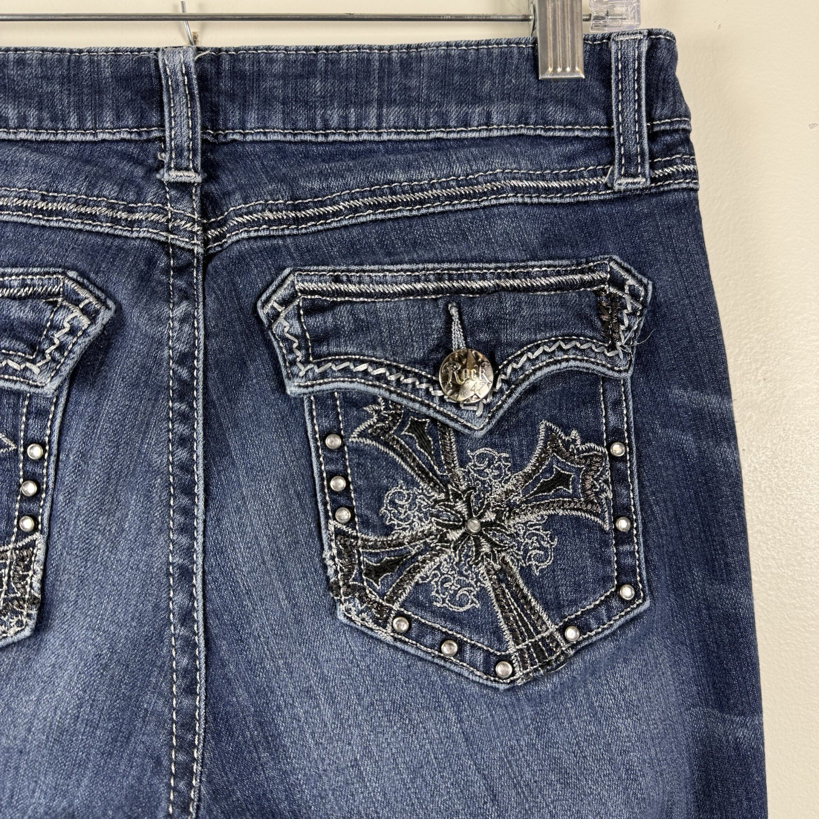 Wrangler Rock 47 Low Rise Bootcut Jeans SZ 7×34 Western Embellished Distressed