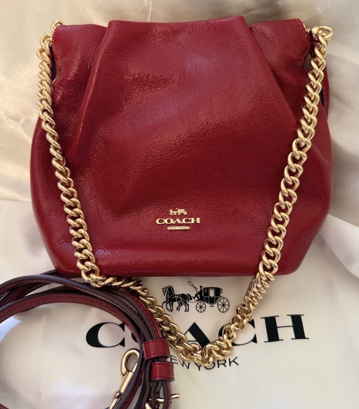 Coach NWT Cardinal Red Crinkle Cut Leather Mini Faye With Gold Chain & Hardware