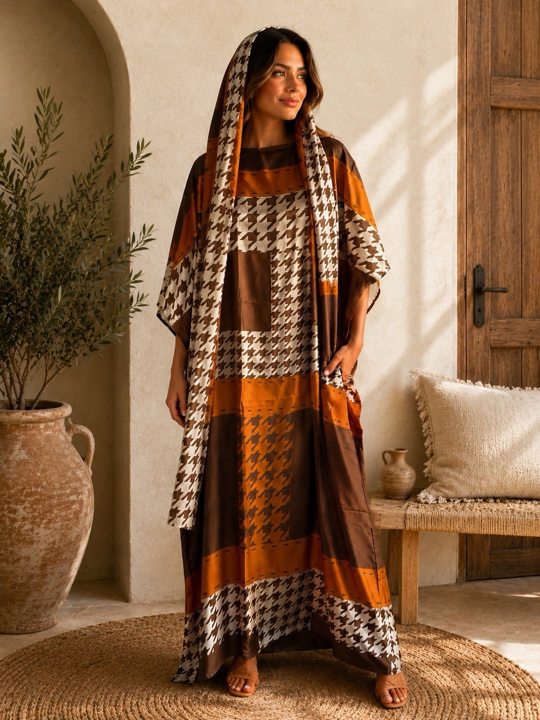 Long silky satin slip Kaftan Dress Geometric with scarf Boat Neck One Size