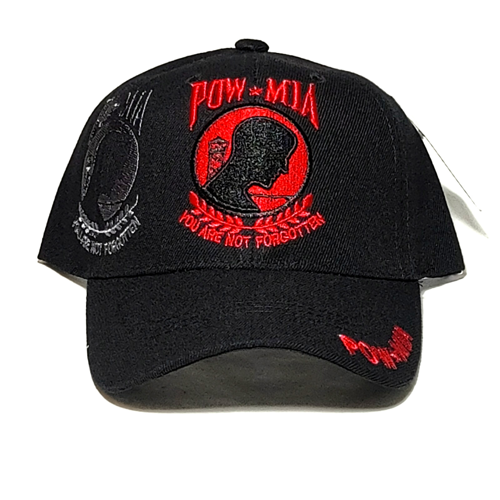 POW MIA Red Stitch Embroidered Black Baseball Cap Adjustable One Size Fit Most