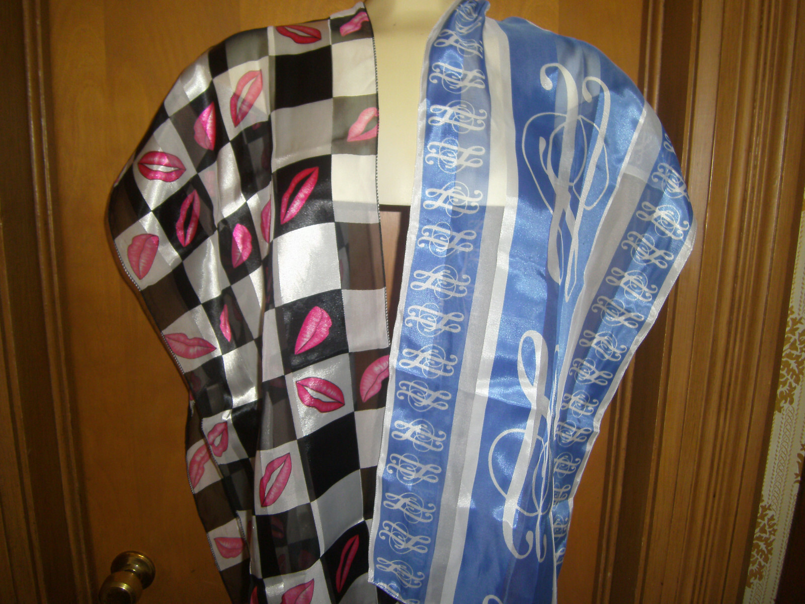 2 Neck Scarves Pink Kissy Lips Blue Musical Notes Appproximately 14 x 60 inches