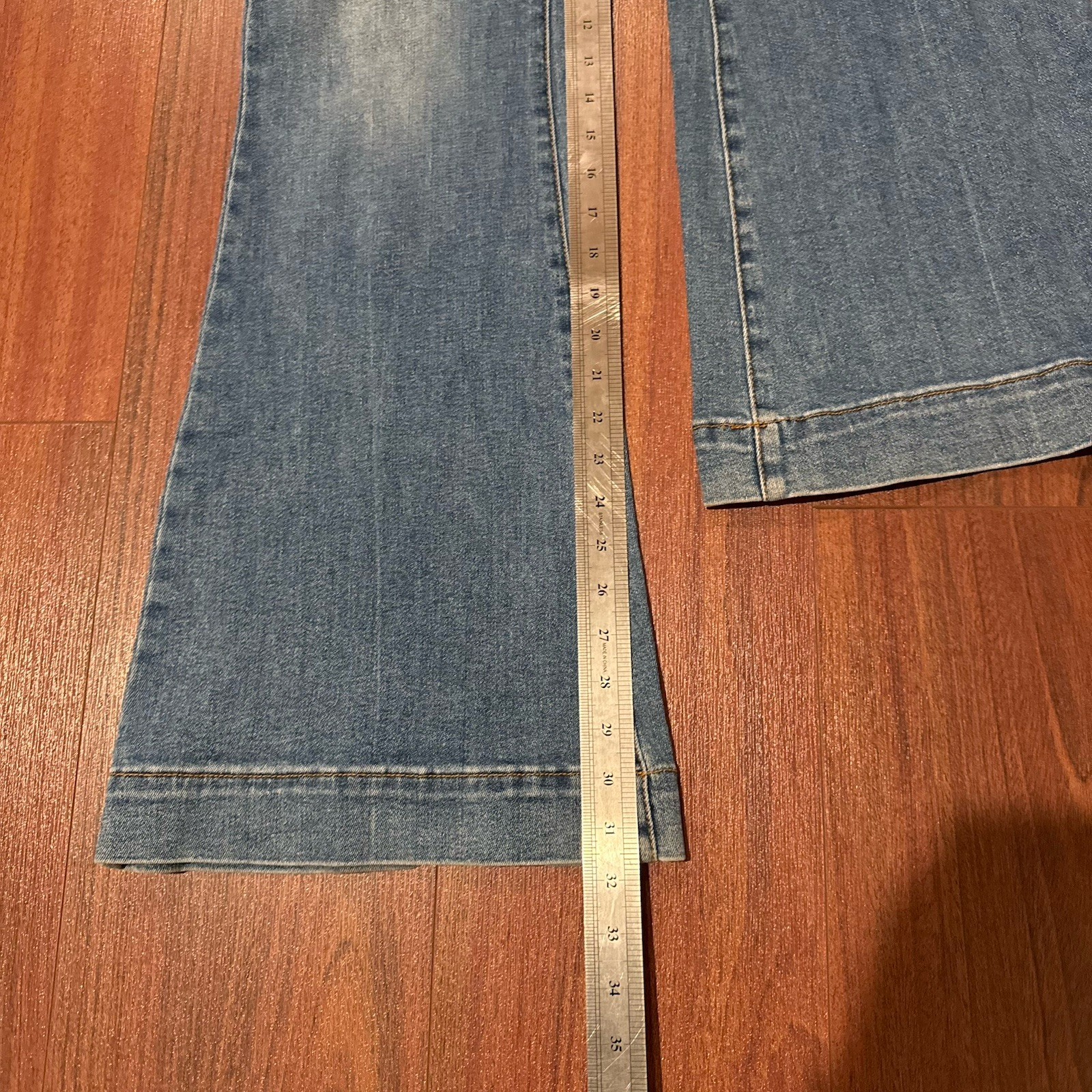 Risen Jeans High Rise Front Slit Frayed Flare Distressed Blue Denim Sz 11/30