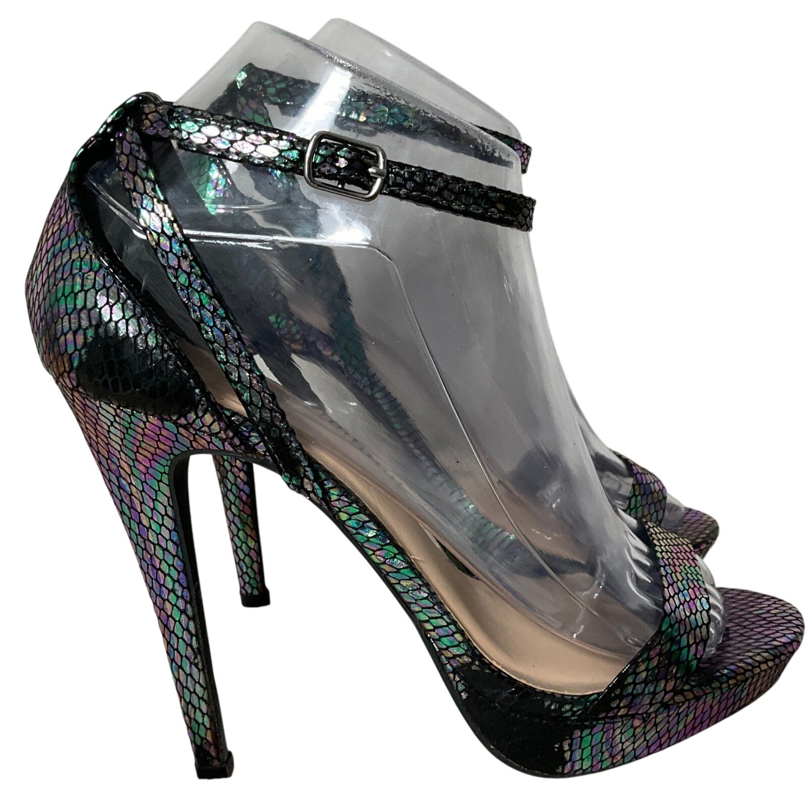 Charlotte Russe Iridescent Snakeskin Platform Stiletto Sandals Size 7 Oil Slick