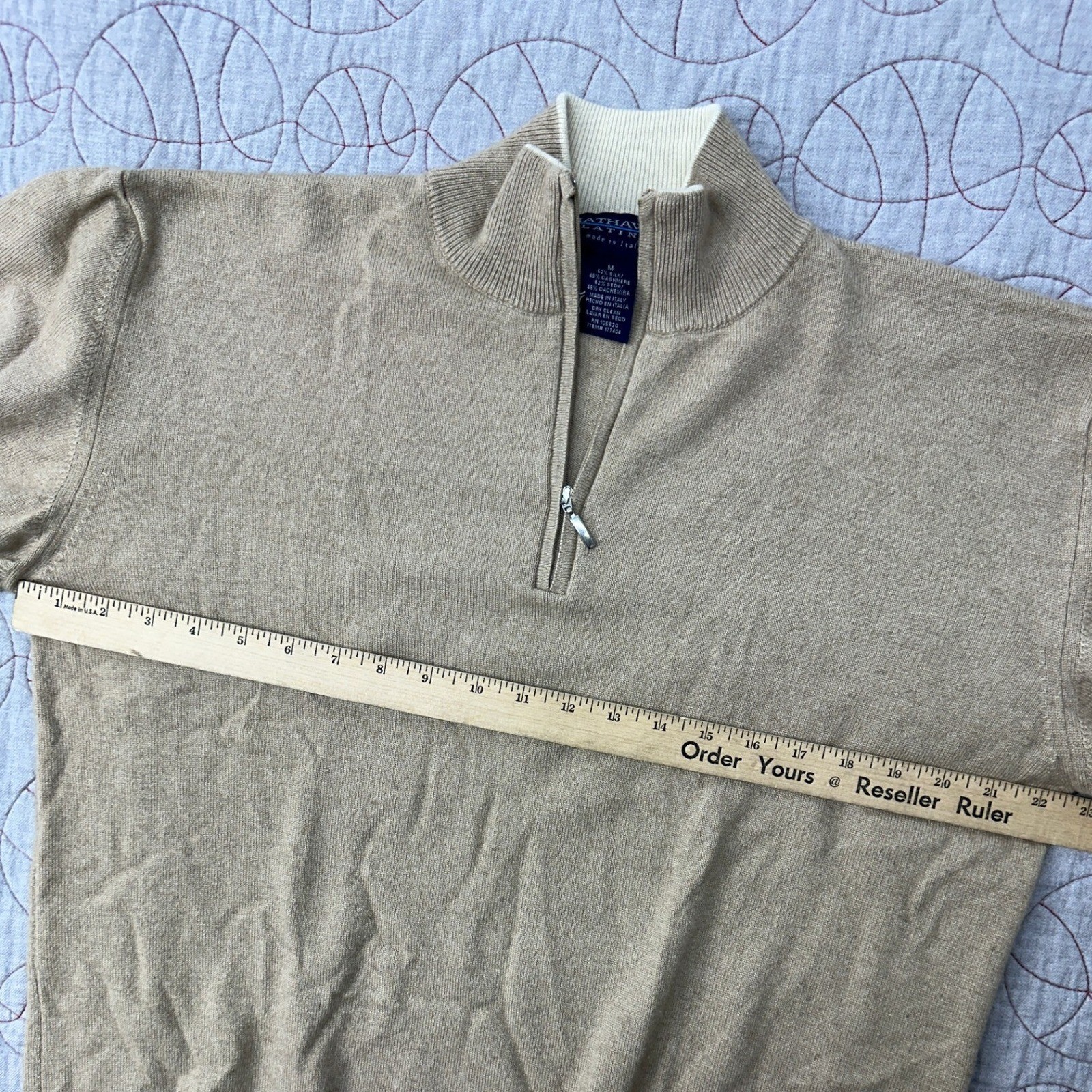Hathaway Platinum 1/4 Zip Tan Luxury Silk Cashmere Sweater / Mens Medium