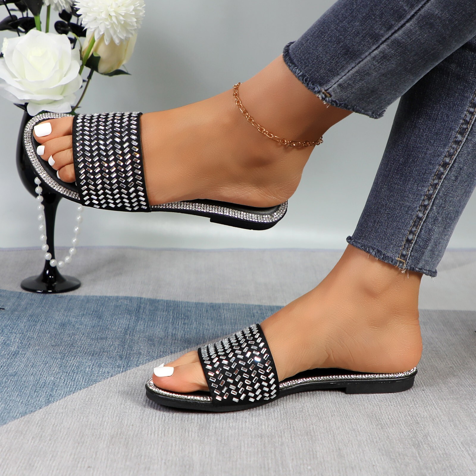 Glaze Women’s Crystal Rhinestone-Trimmed Footbed Slide Flat Sandals