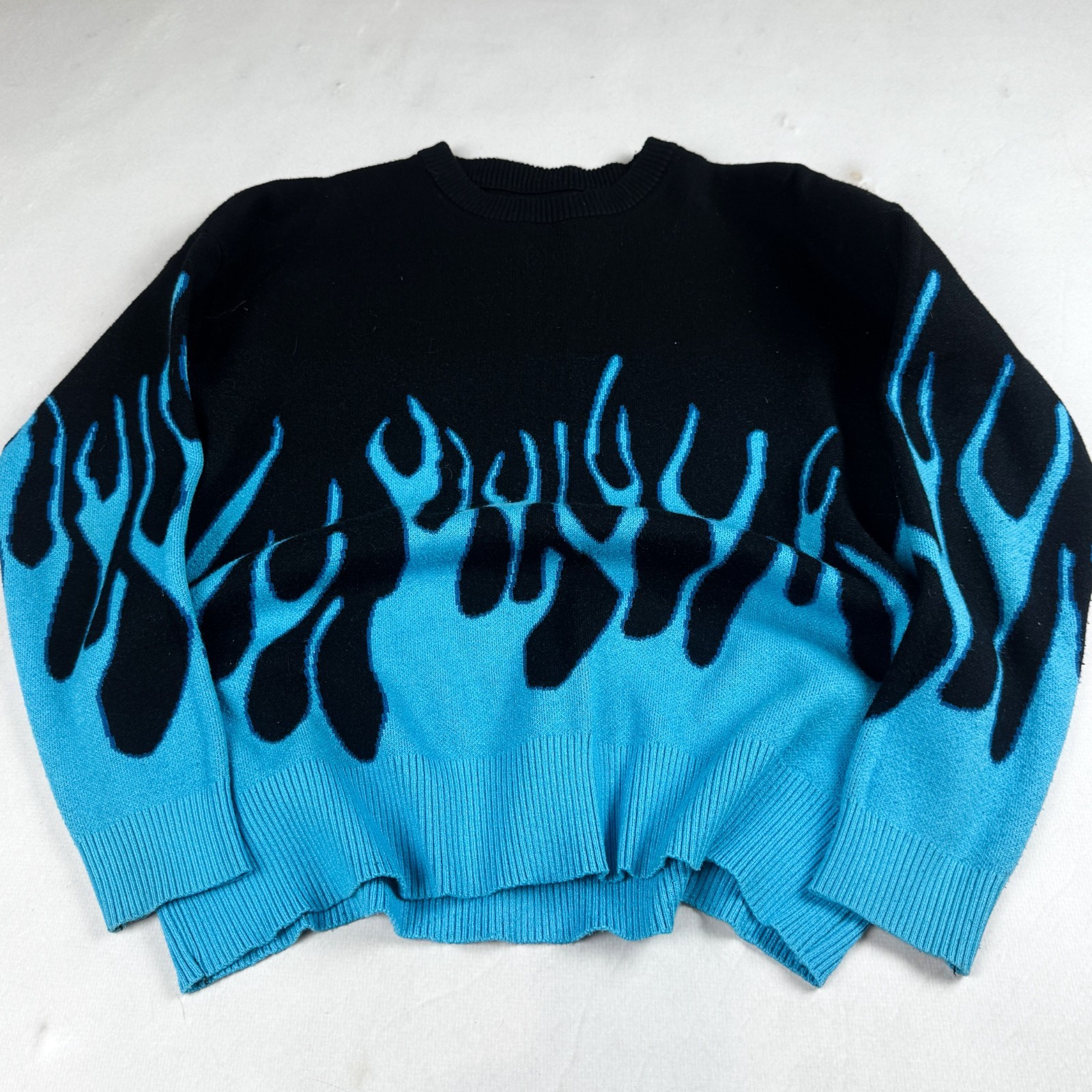 Mens Blue Flame Knit Sweater Streetwear Graphic Crewneck Pullover Retro Grunge