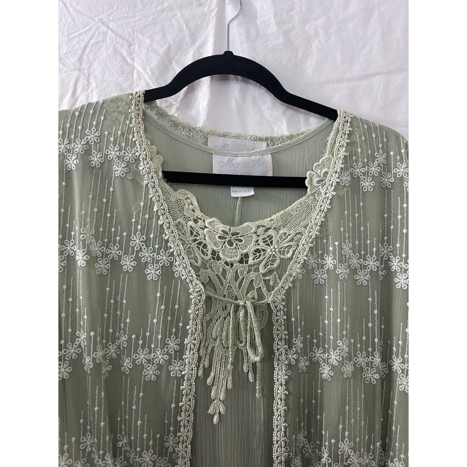 Magnet Art Lace Rayon Maxi Dress Set L Sage Green 2pc Cardigan Boho Cottagecore