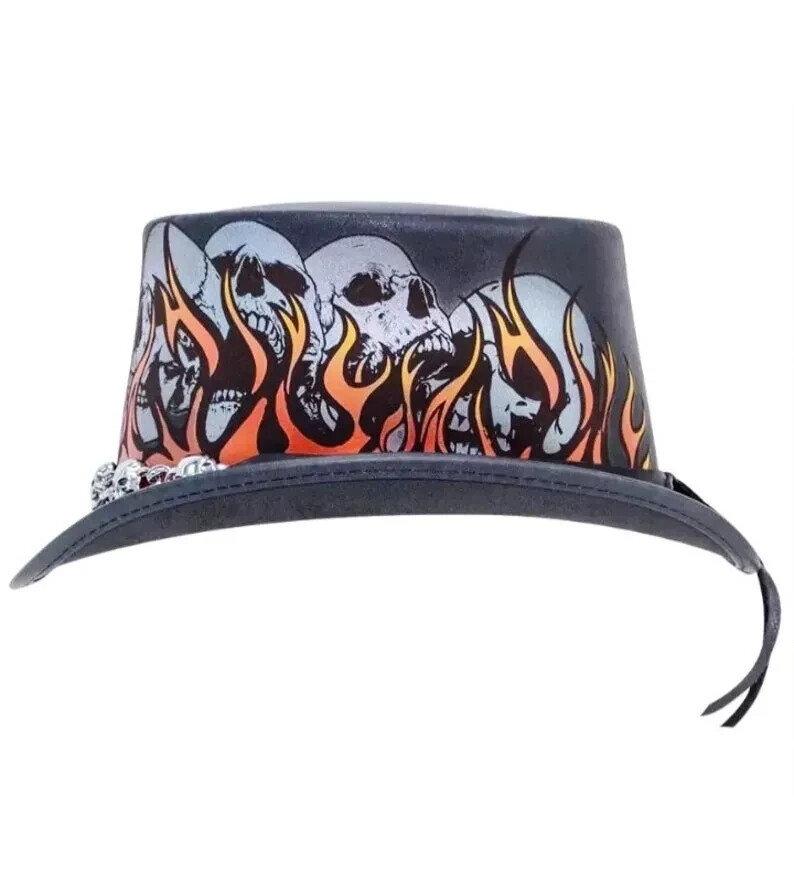Leather Top Hat Steampunk Skull Printed Skull Band El Dorado Leather Top Hat