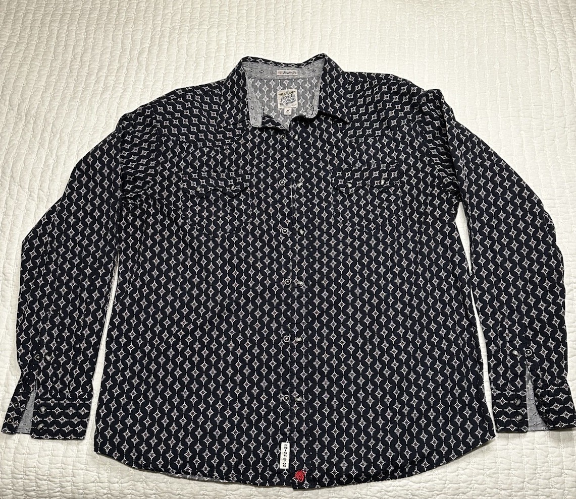 Moon Shine Spirit Geometric Cotton Shirt, Navy, Men’s Long Sleeve, Size M