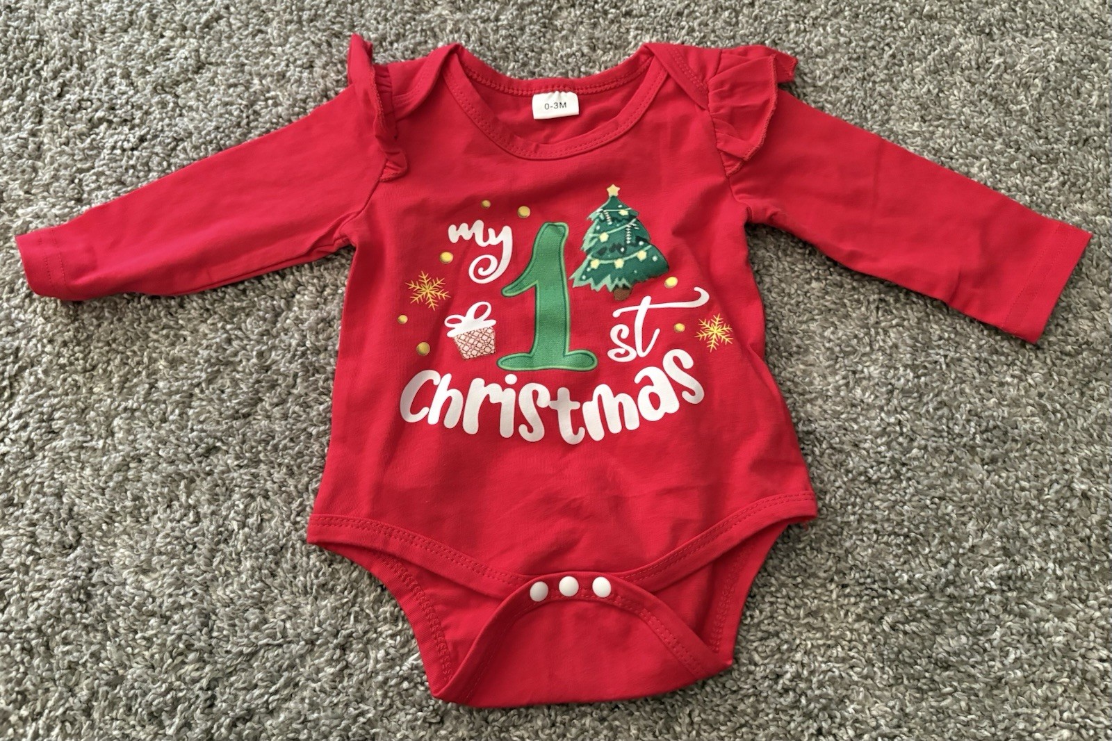 Girls Red My 1st Christmas Graphic Long Sleeve Ruffle Bodysuit 0-3 Months