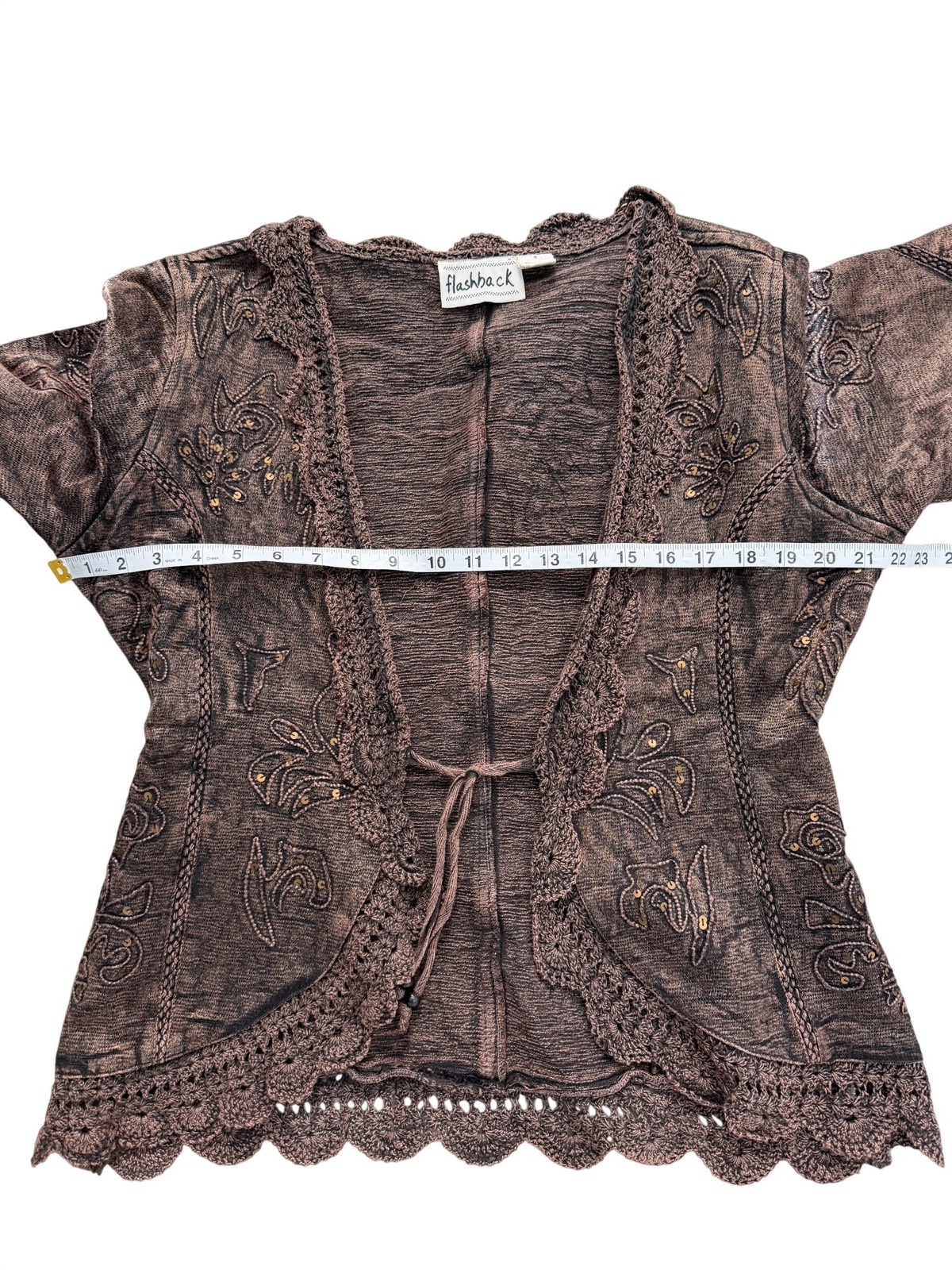 Flashback Womens Size S Cardigan Embroidered Crochet Trimmed Brown Artsy
