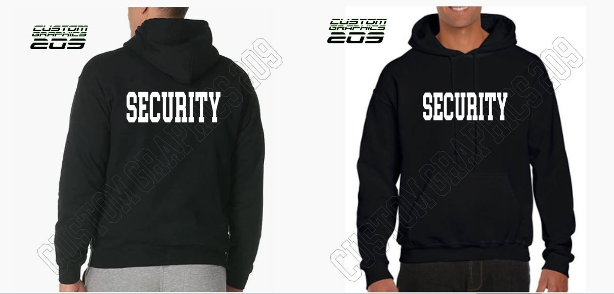 SECURITY Black Hoodie Front & Back Print Bold Text Unisex Cotton Blend Sweatshir