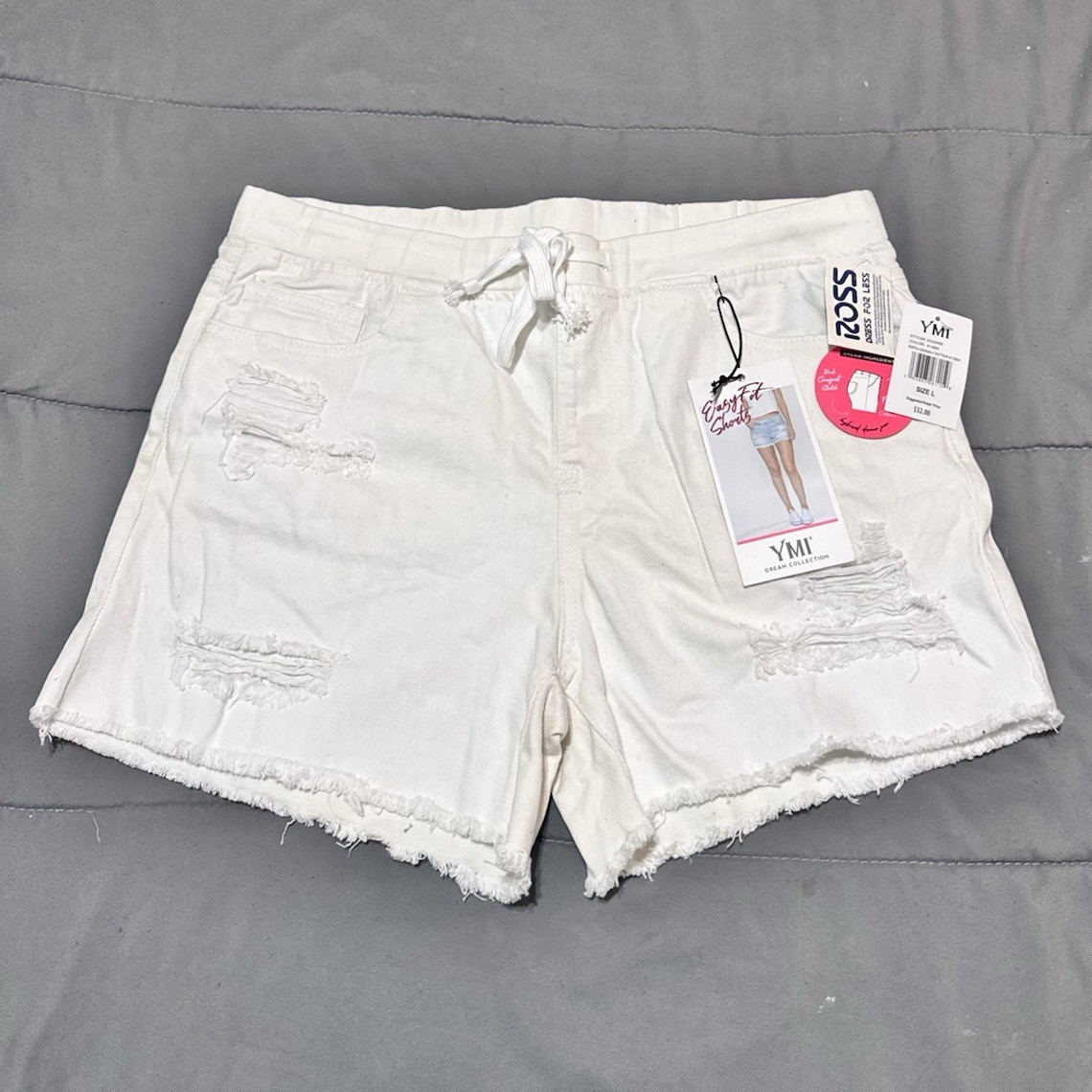 YMI Dream Women’s Mid Rise White Cut Off Denim Shorts Drawstring Pockets L