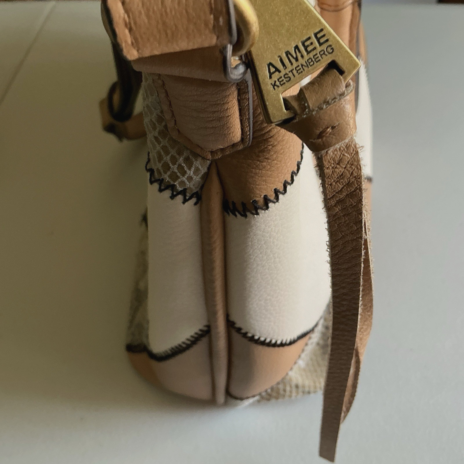 NWT Aimee Kestenberg Cream Tan Snake-Print Stitching Convertible Satchel MNF$248