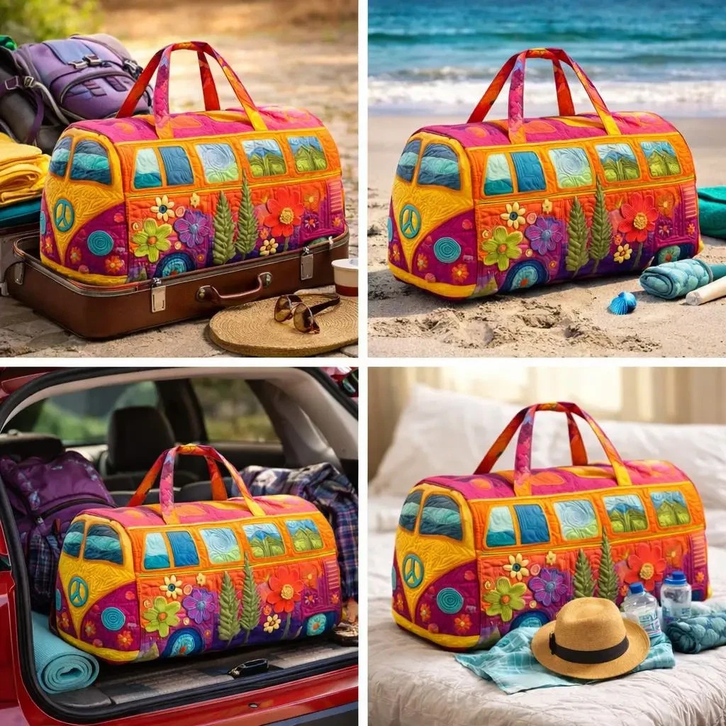 Unisex Boho Quilted Weekender Bag – Large Hippie Van Quilted Duffle Bag Carry-on