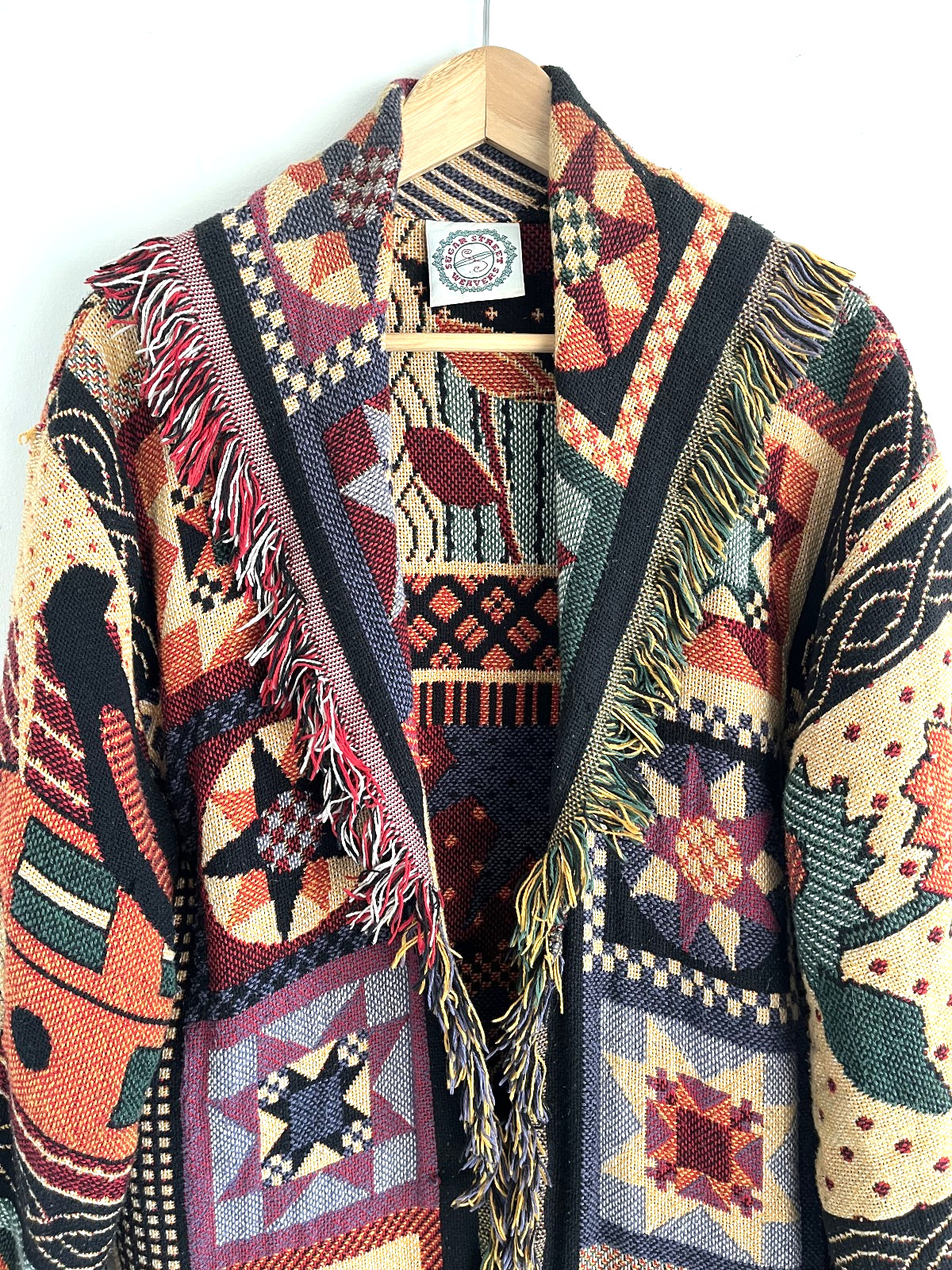 Vtg Sugar Street Weavers Jacket Tapestry Fringe Embroidered Flowers Birds OS