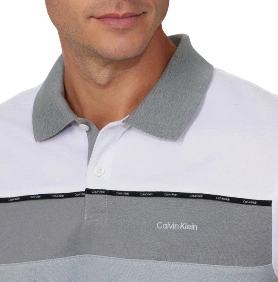 Calvin Klein Polo Shirt, M, White Gray, Quick Dry Wicking Split Hem Short Sleeve