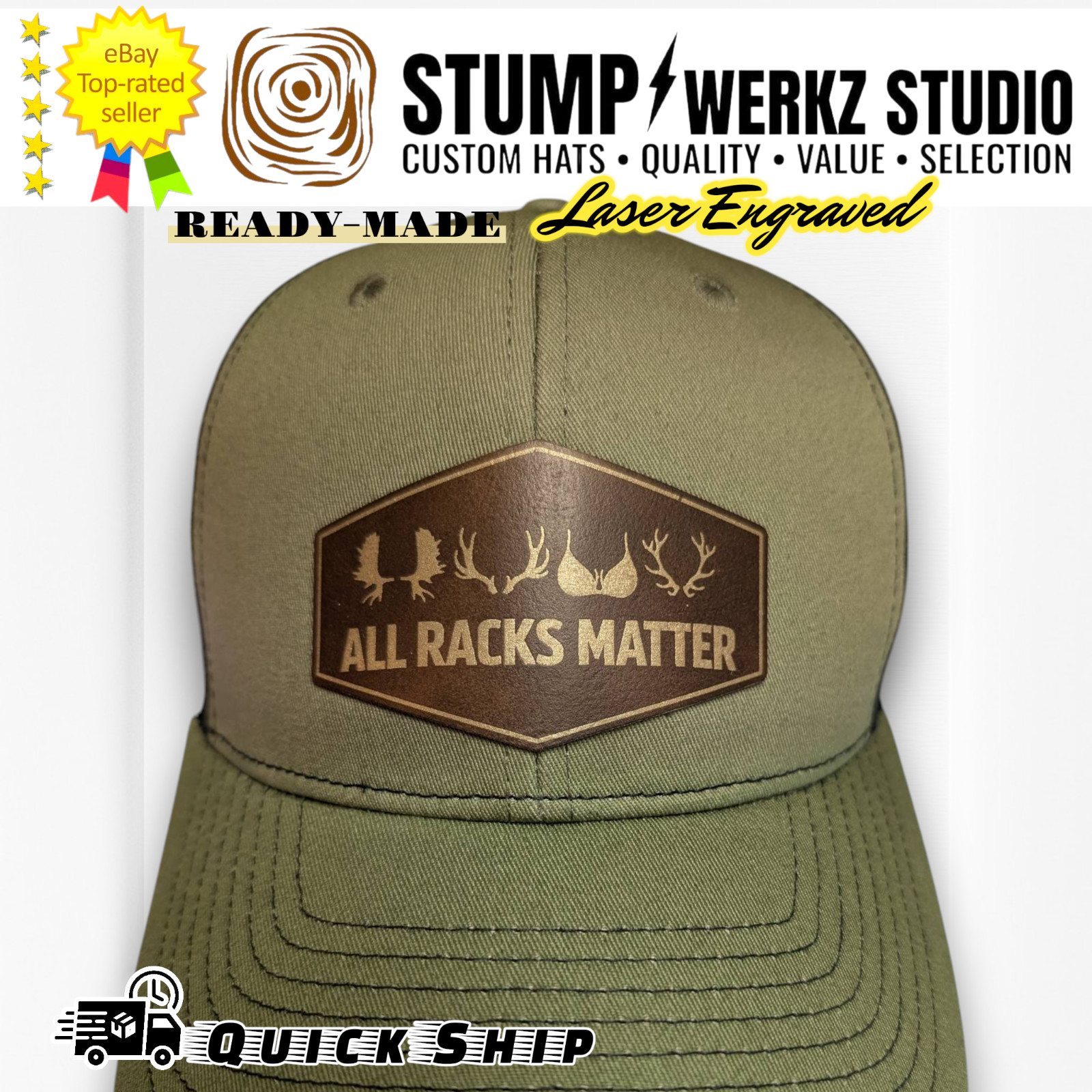 Custom Hat Trucker Baseball Cap Snapback Leather Patch Hunting ALL RACKS MATTER