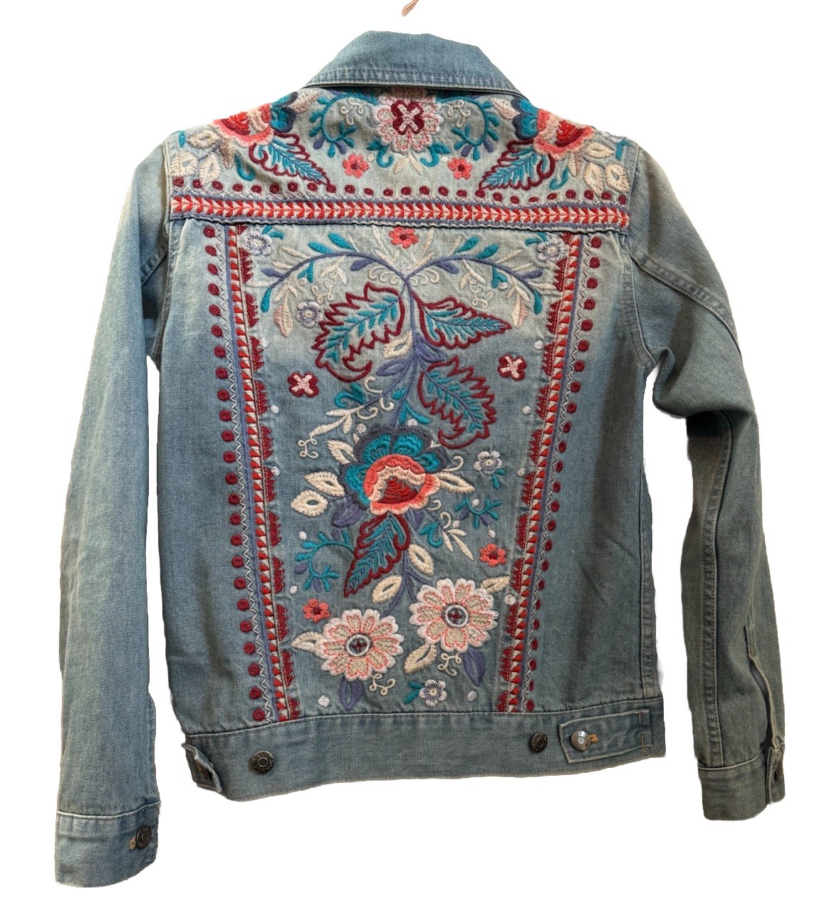 Johnny Was Oman Embroidered Denim Jean Jacket Women’s Boho Artsy Colorful XS