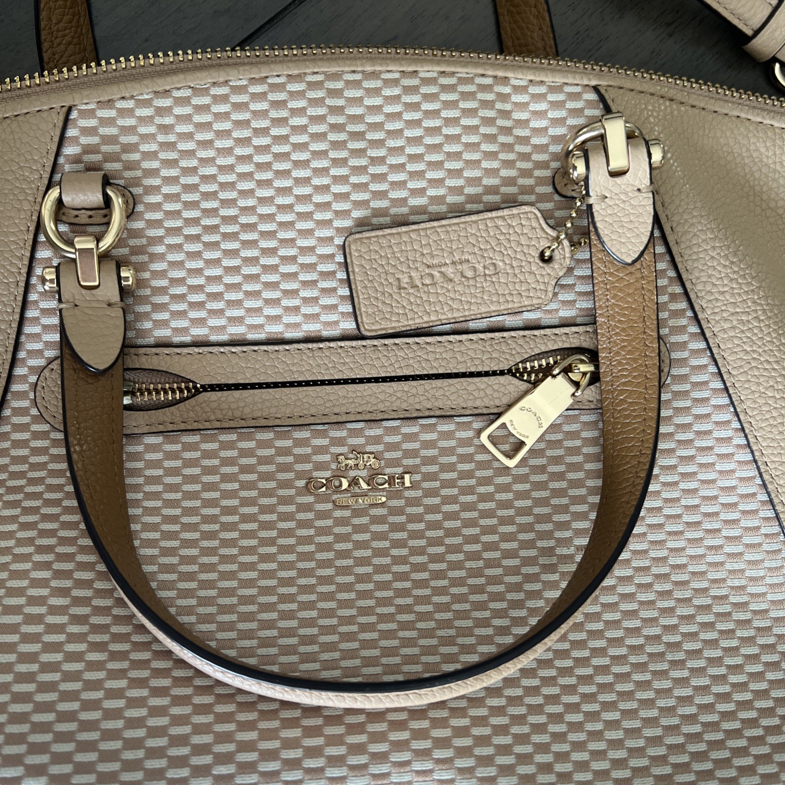 COACH Pairie Satchel in Pebble Leather and Checkerboad Fabric Neautral