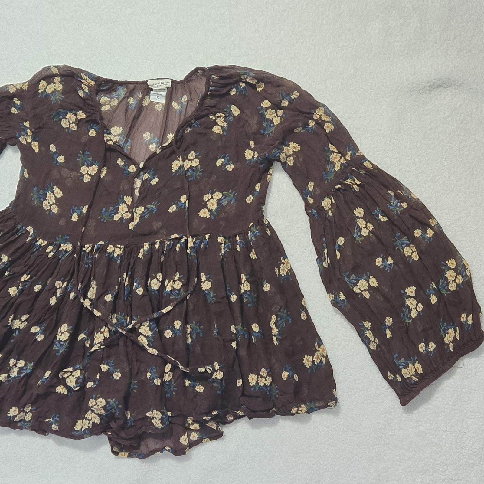 Natural Life Floral Boho Babydoll Top Size S Brown Peasant Puff Sleeve Cottage