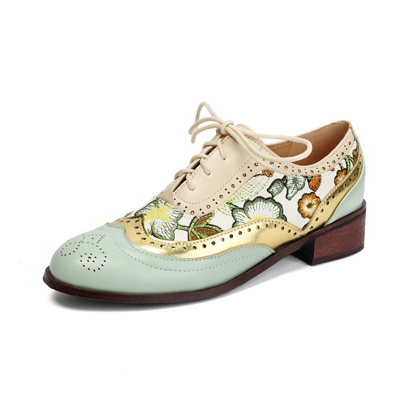 Women’s Ethnic Oxfords Colorblock Patchwork Shoes Floral Two Tone Low Heel Pumps